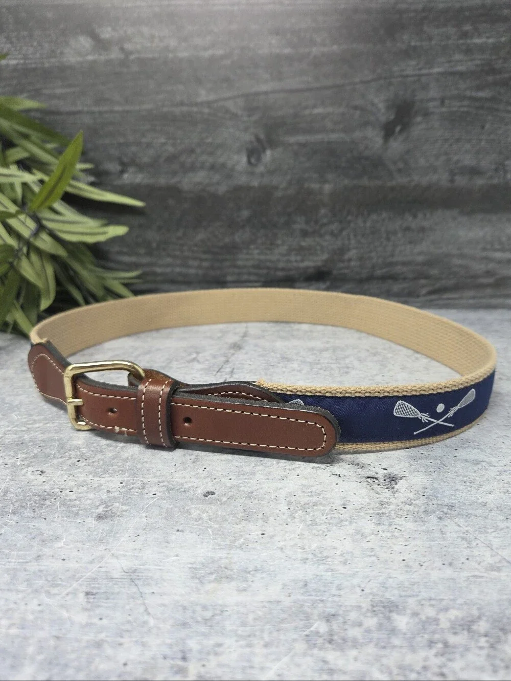 Lacrosse Sticks Print Navy White Ribbon Belt Leather Tabs Gold Tone Buckle
